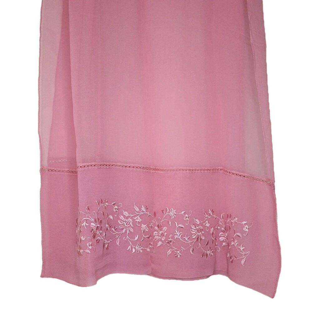 Vintage Scarf Pink 100% Silk Sheer with Floral Ebroidery 20 x 66 inch